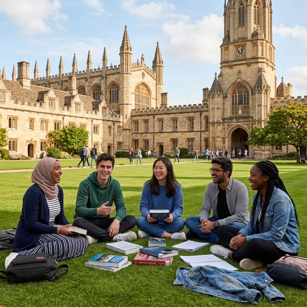 Students sitting on campus lawn